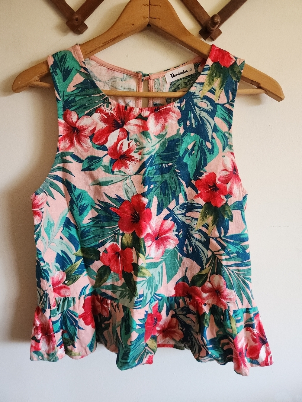 Vernacular Tanks Top Floral Sleeveless Peplum Pink Green Linen Small